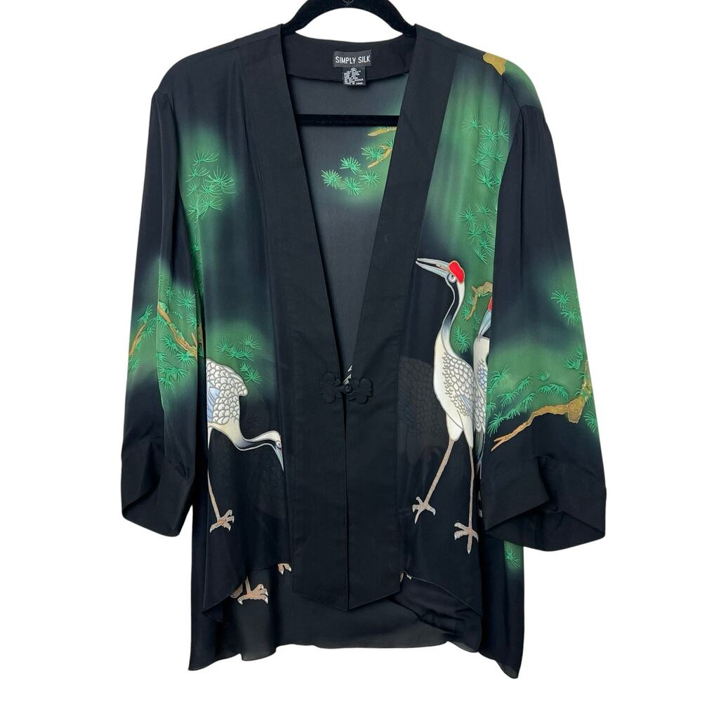Simply Silk Kimono Style Cardigan Blouse Black Crane Size XL